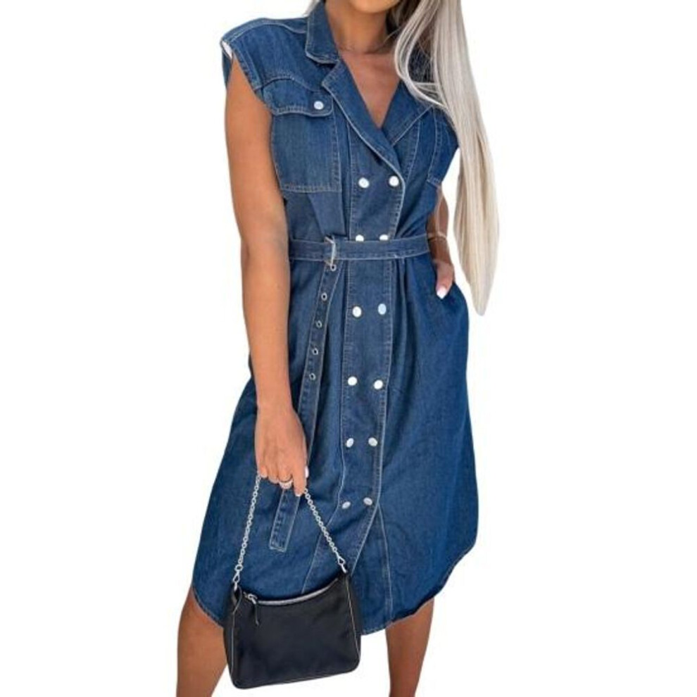 (dark blue, M) Women's Denim Shirt Dress Sleeveless Button Down Lapel Jean Dress Casual Summer A-Line Tie Waist Dress for Work Office Party