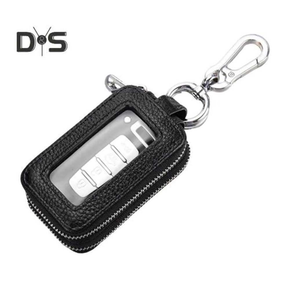 (black) Faux Leather Car Key Case Clear Window Keyring Chain Metal Hook Portable Remote Key Fob Holder Zipper Bag Protector Pouch Wallet