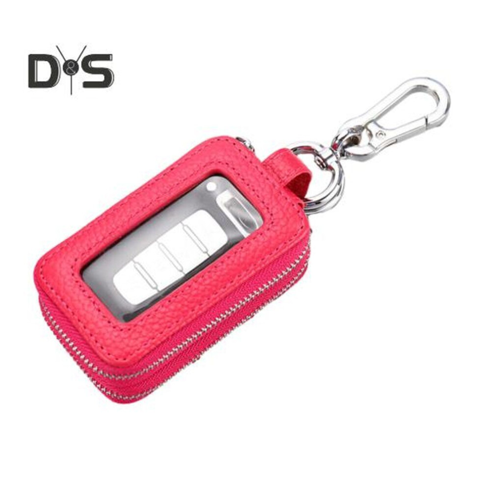 (rose red) Faux Leather Car Key Case Clear Window Keyring Chain Metal Hook Portable Remote Key Fob Holder Zipper Bag Protector Pouch Wallet