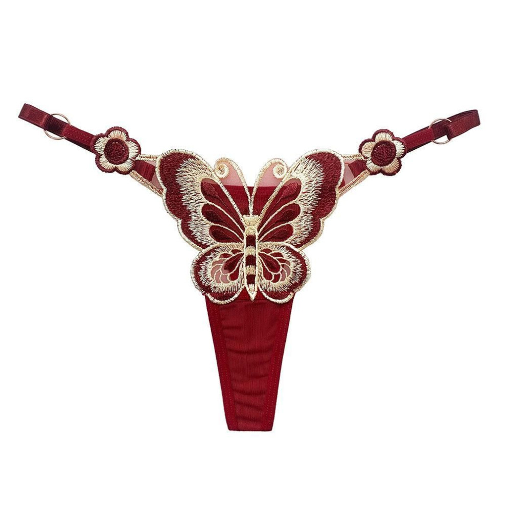 (burgundy, Pass Code (80-75 kg)) Sexy  y panties butterfly thong y hot perspective embroidery adjustable low waist temptation