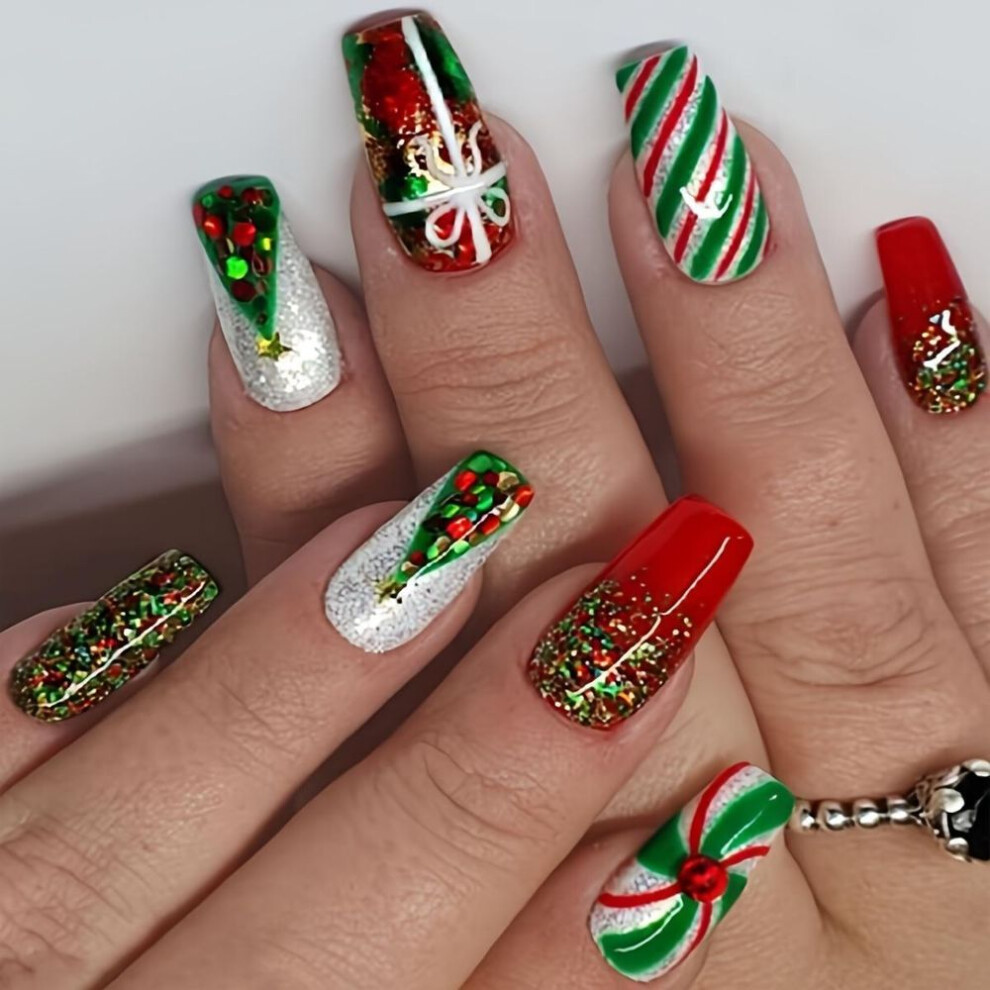 Sparkling Christmas Press 24pcs-on Nails Set - Red & Green Striped, Medium Ballet Shape With Glitter Accents, Includes Jelly Adhesive & Nail F