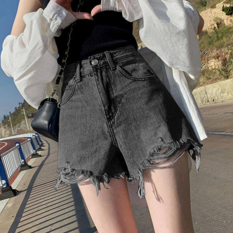 (black gray, S) Comfortable Skinny Fashionable And Versatile Denim Shorts Female Summer High-waisted Thin Hundred With Broken Holes Loose Wide-leg A-line Pants