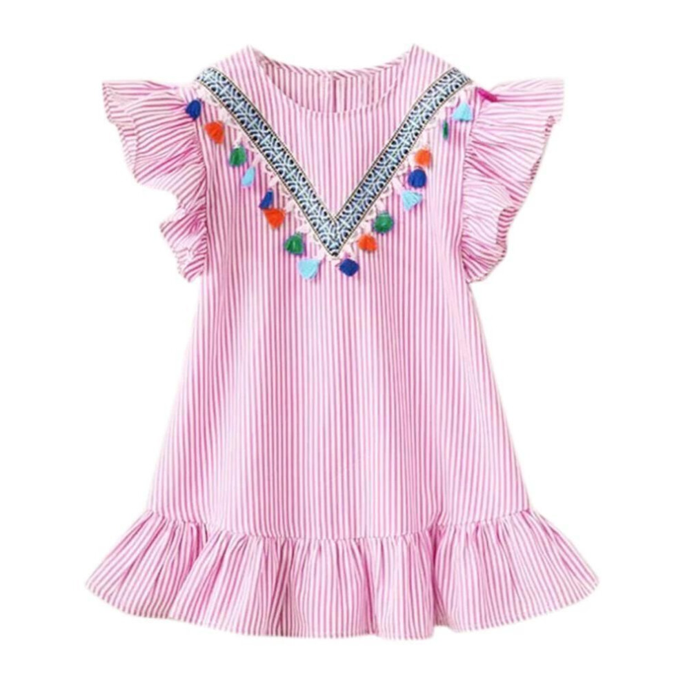 (pink, 140 yards) New Summer Striped Girls' Short-Sleeve Princess Dress - Korean Style Floral Design for Children