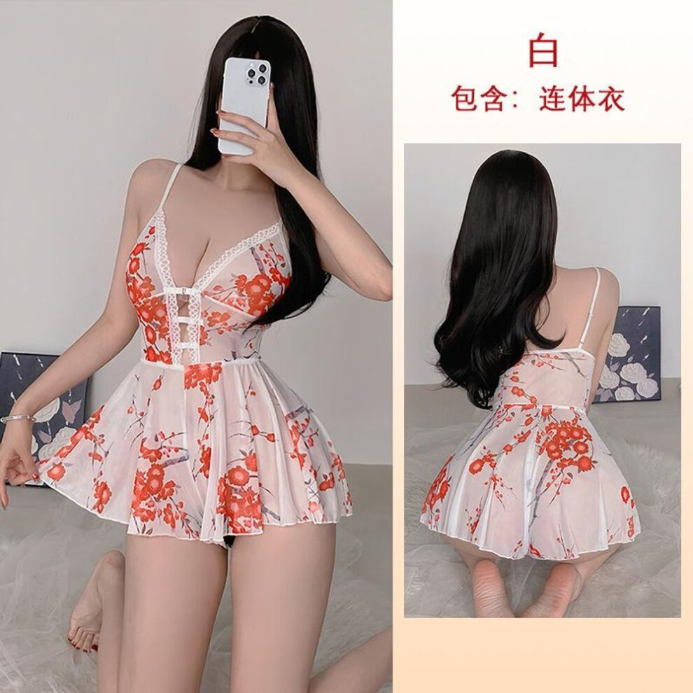 (as the picture, S) Simple Comfortable Sexy Deep V Temptation Sweet Print Suspender Skirt Front Buckle Nightdress Women