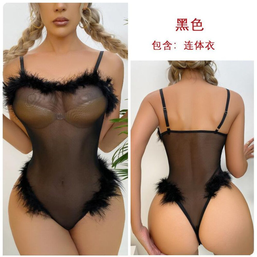 (black, M) Sexy fun fluffy pajamas mesh see-through onesie tights slim fit
