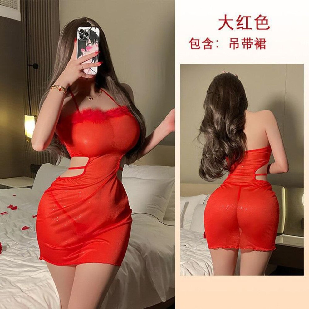 (as the picture, L) Wind new neck nightdress hairy edge hollow strap waist skirt shiny skin