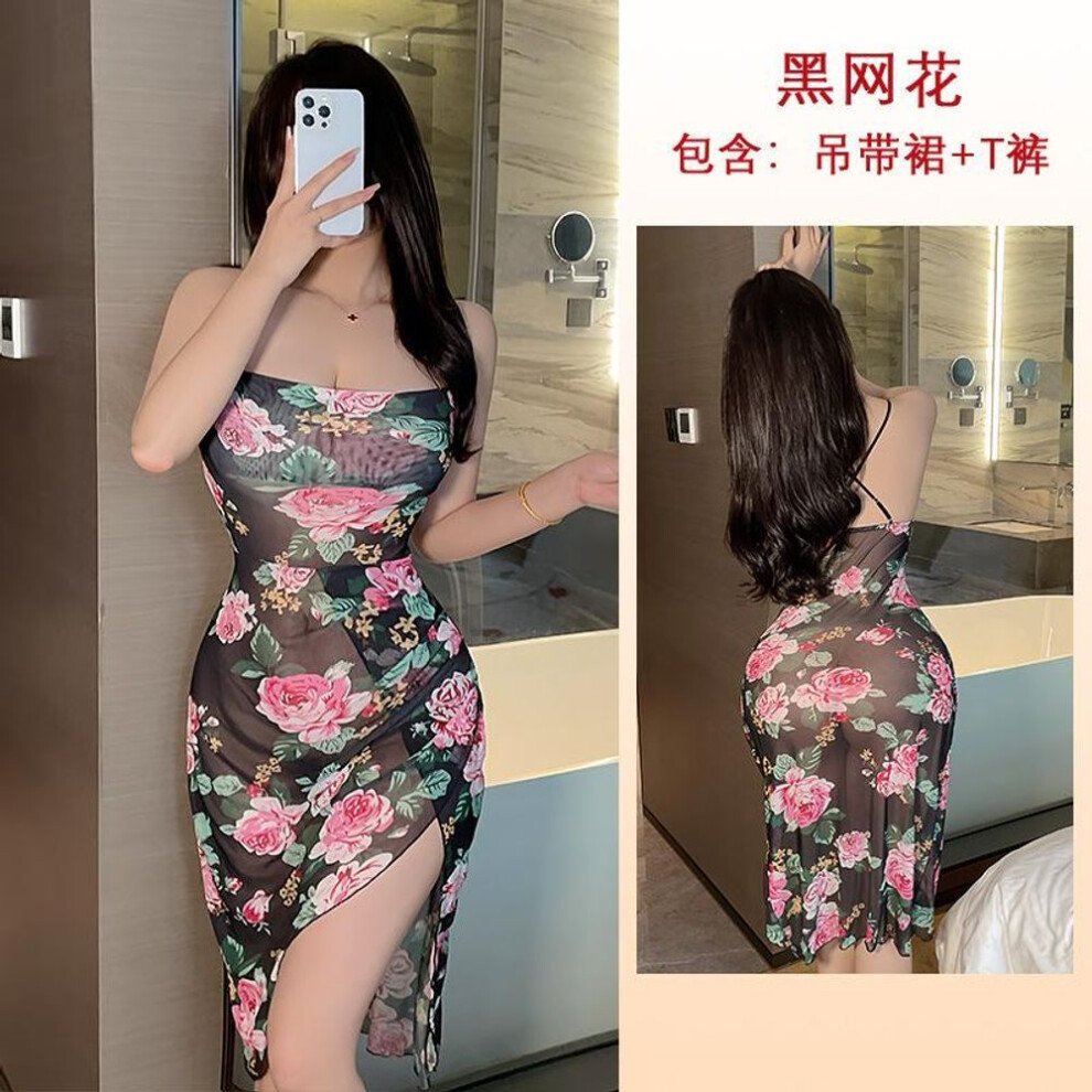 (as the picture, M) Sexy mesh printing swinging neck tube top irregular skirt suspender clothes women