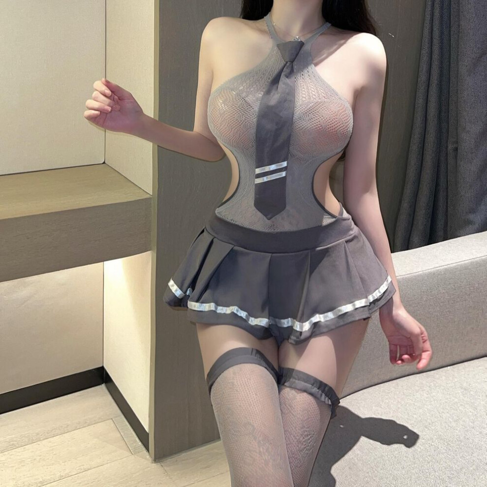 Sexy Sexy Sweet Cool School Girl Mesh Dress Set Bachelor's Uniform Set Grey Mesh