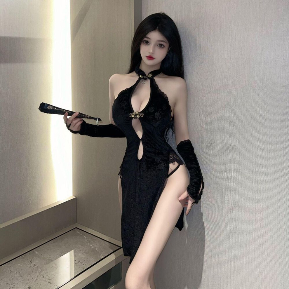Sexy classical high split cheongsam seductive retro deep V leakage breast people pajamas set