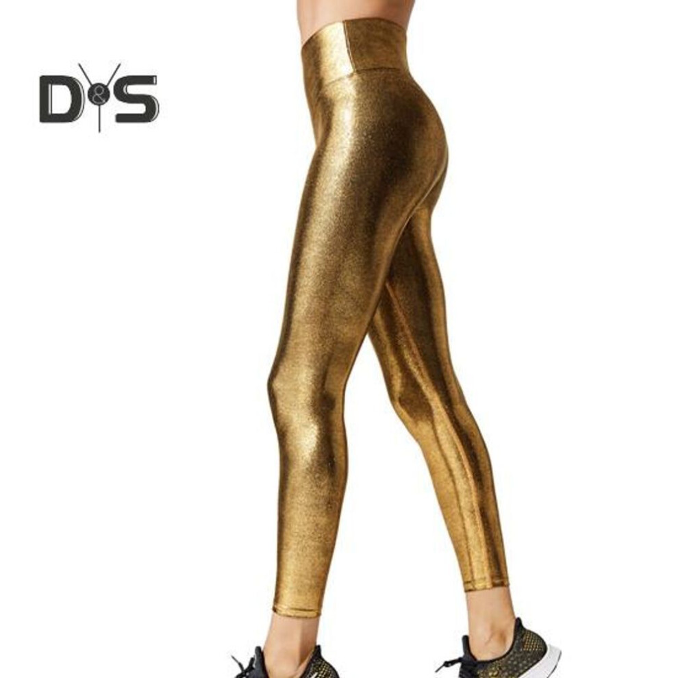 (golden, XL) Autumn Women Yoga Pants High Waist Bronzing Solid Color Pencil Pants Stretchy Skinny Trousers Leggings Long Tights