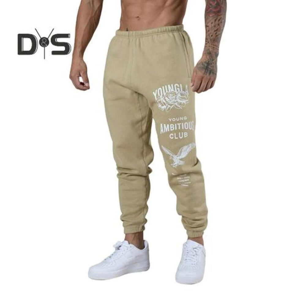 (khaki, M) Men Sport Pants Drawstring Elastic Waist with Pockets Printing Joggers Loose Ankle-banded Solid Color Outdoor Trousers Sweatpants