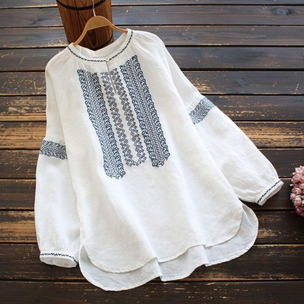 (L, white) Vintage Elegant Women's Blouses Ethnic Style Long Sleeve Cotton Plus Sizes Shirt Summer Ladies Casual Loose Chic Blouses