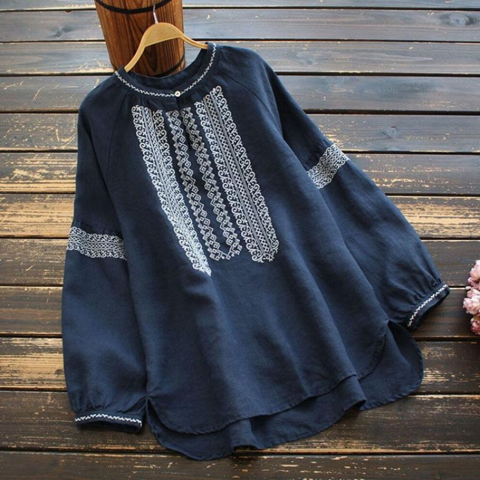(XXL, navy blue) Vintage Elegant Women's Blouses Ethnic Style Long Sleeve Cotton Plus Sizes Shirt Summer Ladies Casual Loose Chic Blouses