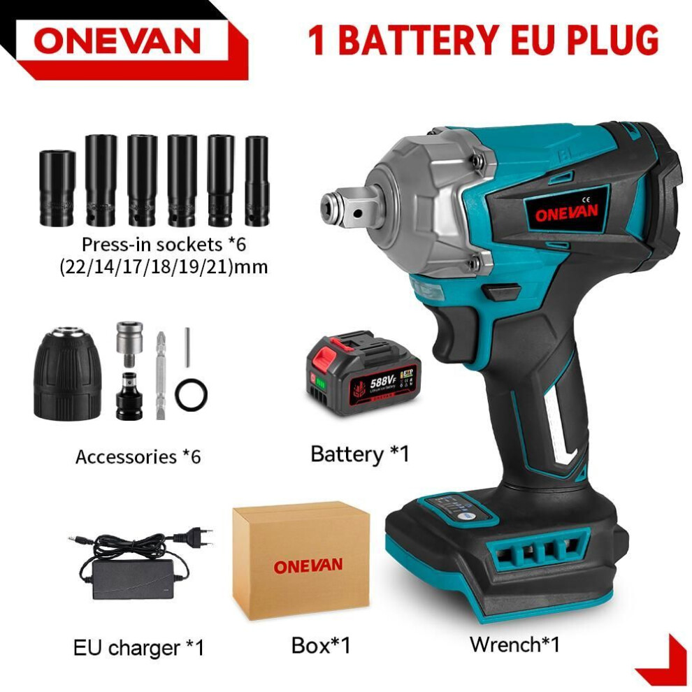 (1 Battery-12pcs Set) ONEVAN 1200N.M Torque Brushless Electric Impact Wrench 1/2 Inch Cordless Electric Wrench Power Tools For Makita 18V Battery