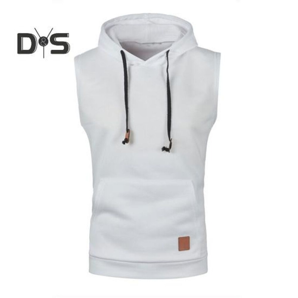(white, XL) Men Sports Vest Hooded Sleeveless Drawstring Big Pocket Slim Fit Elastic Soft Knitted Casual Workout Breathable Mid Length Men Tank Top Hoodie