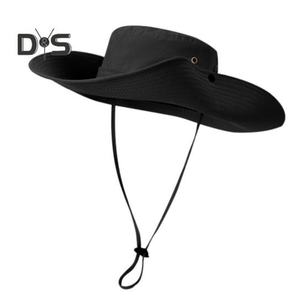 (black) Men Fisherman Hat Flat Top Wide Brim Breathable Sun Hat Adjustable Windproof Drawstring Sun Protection Hat