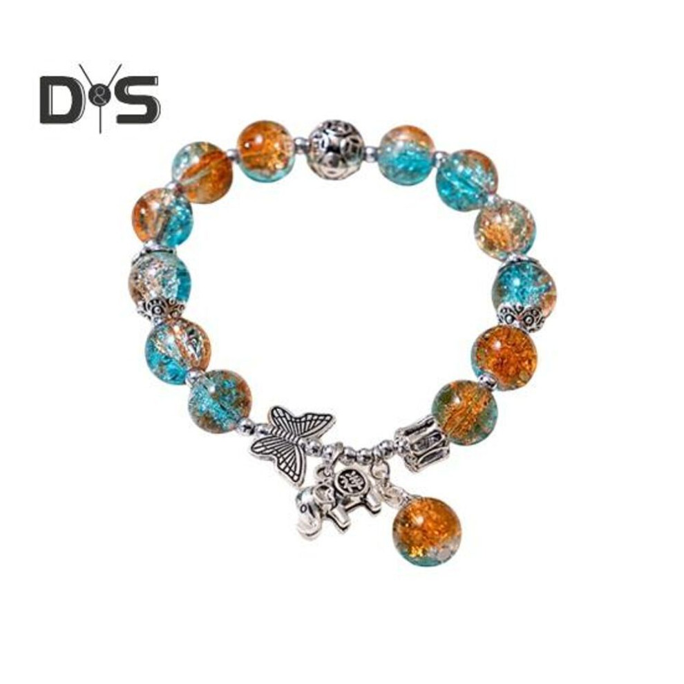 (orange) Women Bracelet with Elastic Cord Gradient Color Glazed Beads Butterfly Elephant Pendant Bestie Birthday Gift Wrist Jewelry