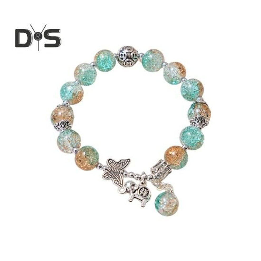 (blue) Women Bracelet with Elastic Cord Gradient Color Glazed Beads Butterfly Elephant Pendant Bestie Birthday Gift Wrist Jewelry