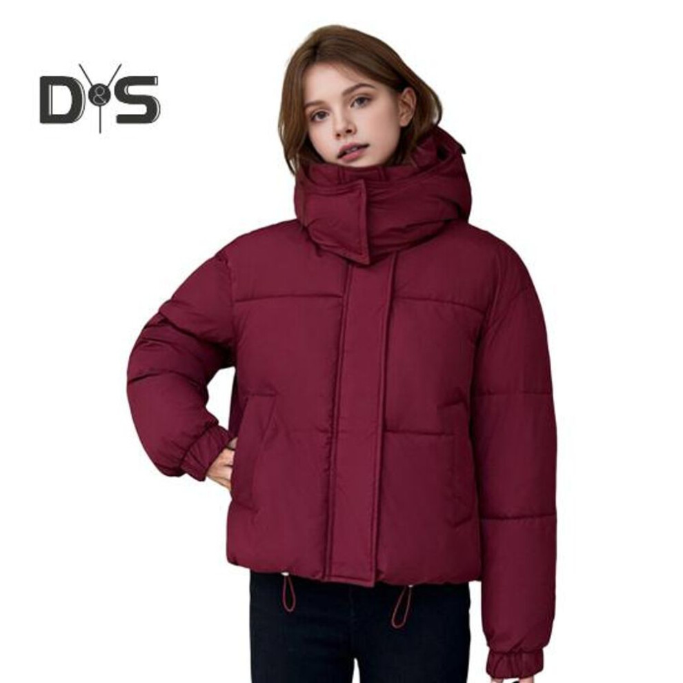 (wine red, XL) Winter Women Cotton Jacket Stand Collar with Hood Neck Protection Short Type Pockets Zipper Closure Padded Coat Solid Color Windproof Outwear Parka