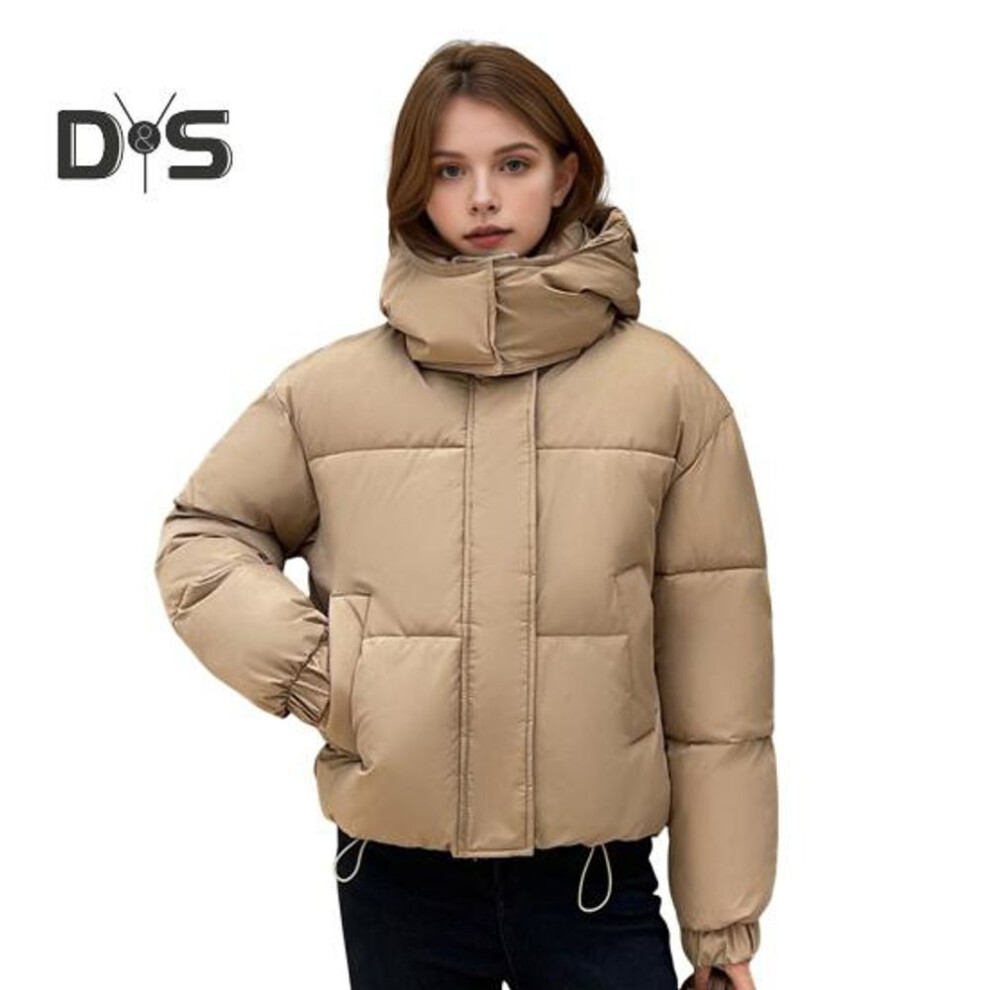 (khaki, XL) Winter Women Cotton Jacket Stand Collar with Hood Neck Protection Short Type Pockets Zipper Closure Padded Coat Solid Color Windproof Outwear Parka