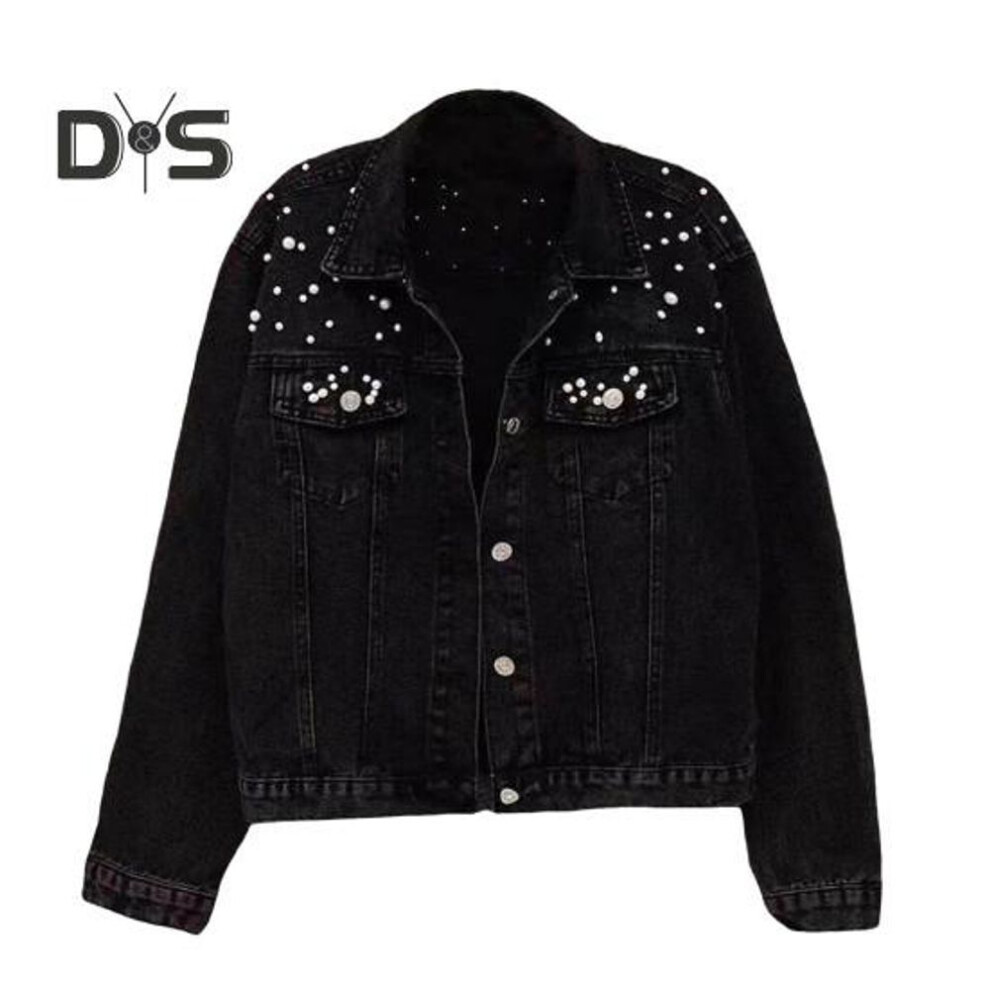 (black, XXL) Winter Women Jacket Bead Decor Plus Size Long Sleeves Turn-down Collar Chest Pockets Button Closure Coat Short Type Casual Streetwear Denim Coats