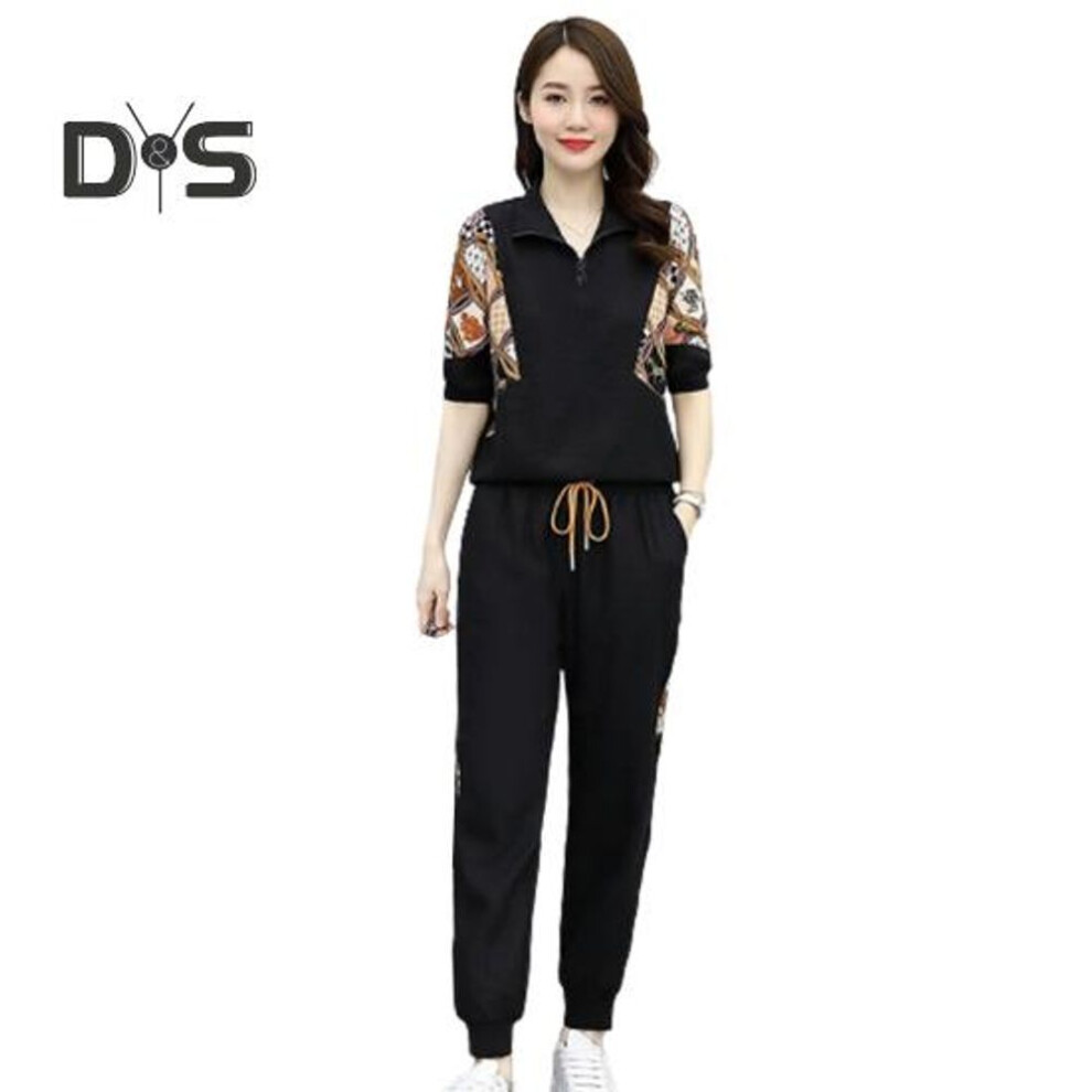(black, 3XL) 2 Pcs/set Women Sweatshirt Pants Suit Zipper Turn Down Collar Printed Long Sleeve Ankle Banded Drawstring Plus Size Women Top Trousers Set Tracksuit