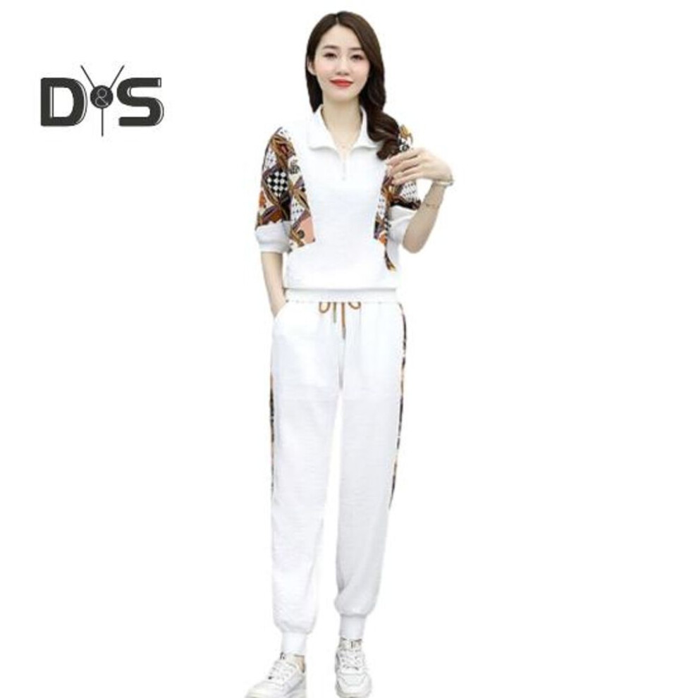 (white, 3XL) 2 Pcs/set Women Sweatshirt Pants Suit Zipper Turn Down Collar Printed Long Sleeve Ankle Banded Drawstring Plus Size Women Top Trousers Set Tracksuit