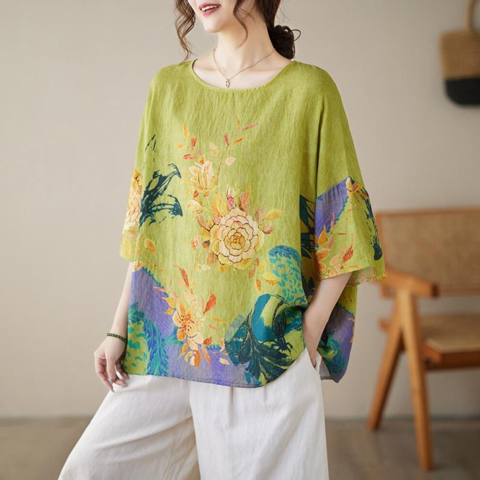 DIMANAF 2025 Summer T-Shirt Plus Size Women Linen Flower Printing Tops Short Sleeve Loose Oversized Casual