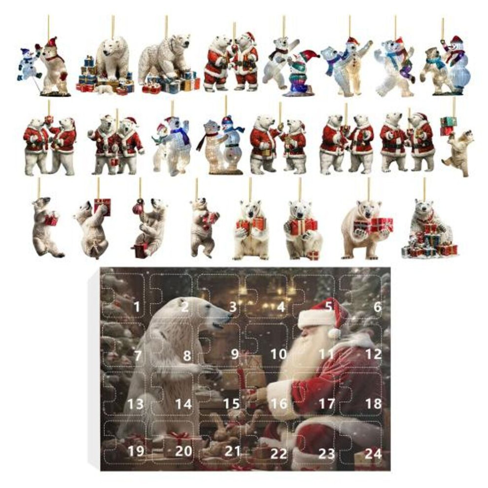 Christmas Polar Bear Advent Calendar Ornament Cartoon Acrylic Tree Decorations 24-day Countdown Hanging Decoration For Kids Room House Car