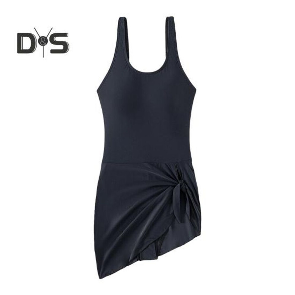 (S, black) Women Swimsuit U-Neck Sleeveless Padded Swimming Dress Side Knot Irregular Hem Floral Print Monokini