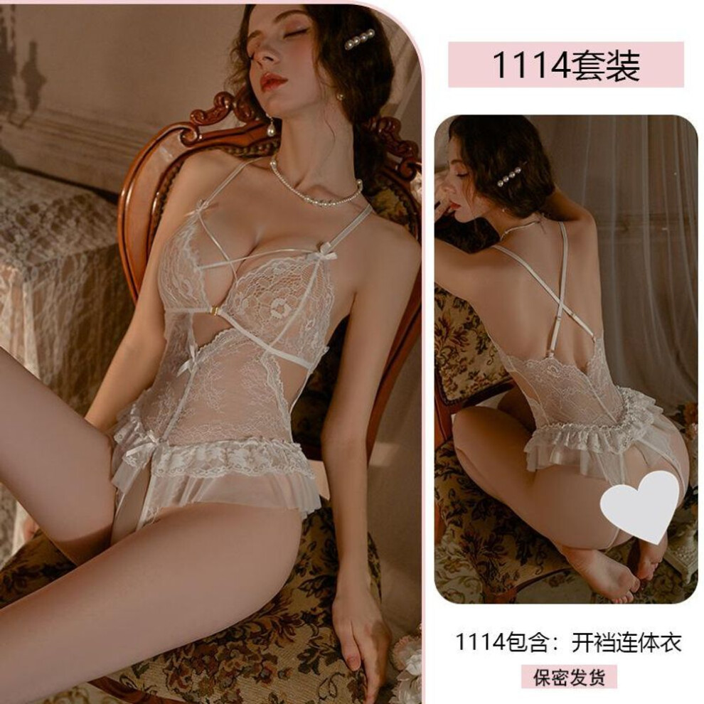 (white, one size fits all) Original sexy pure lace onesie women's perspective open crotch sex interest free uniform pajamas
