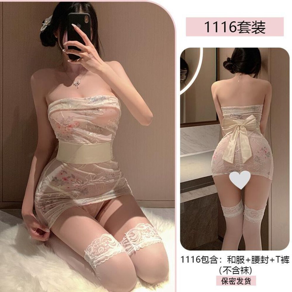 (light yellow, One size) Sexy pure desire embroidery tube top antique kimono hip wrap sex uniform temptation pajama set