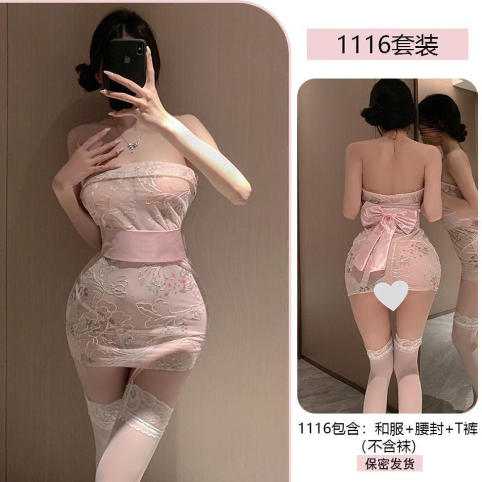 (pink, One size) Sexy pure desire embroidery tube top antique kimono hip wrap sex uniform temptation pajama set