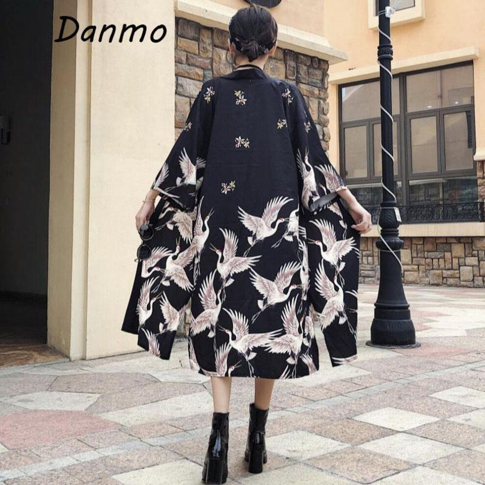 (XL, black) Japanese Women Kimono Jacket Cardigan Coat Lucky Cat Yukata Tops Loose Haori