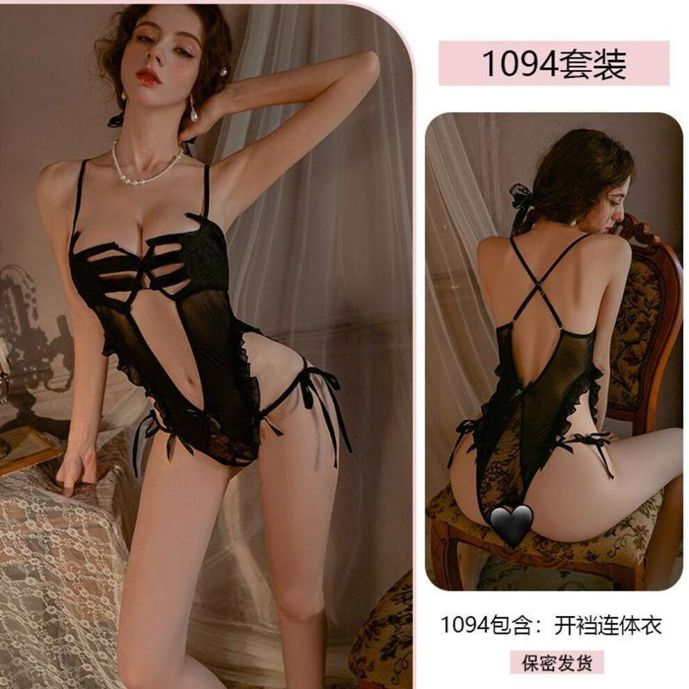 (black, one size fits all) Original Sexy Palm Embroidered Onesie Female Sexy Pure Crotch Uniform Seduction Pajamas