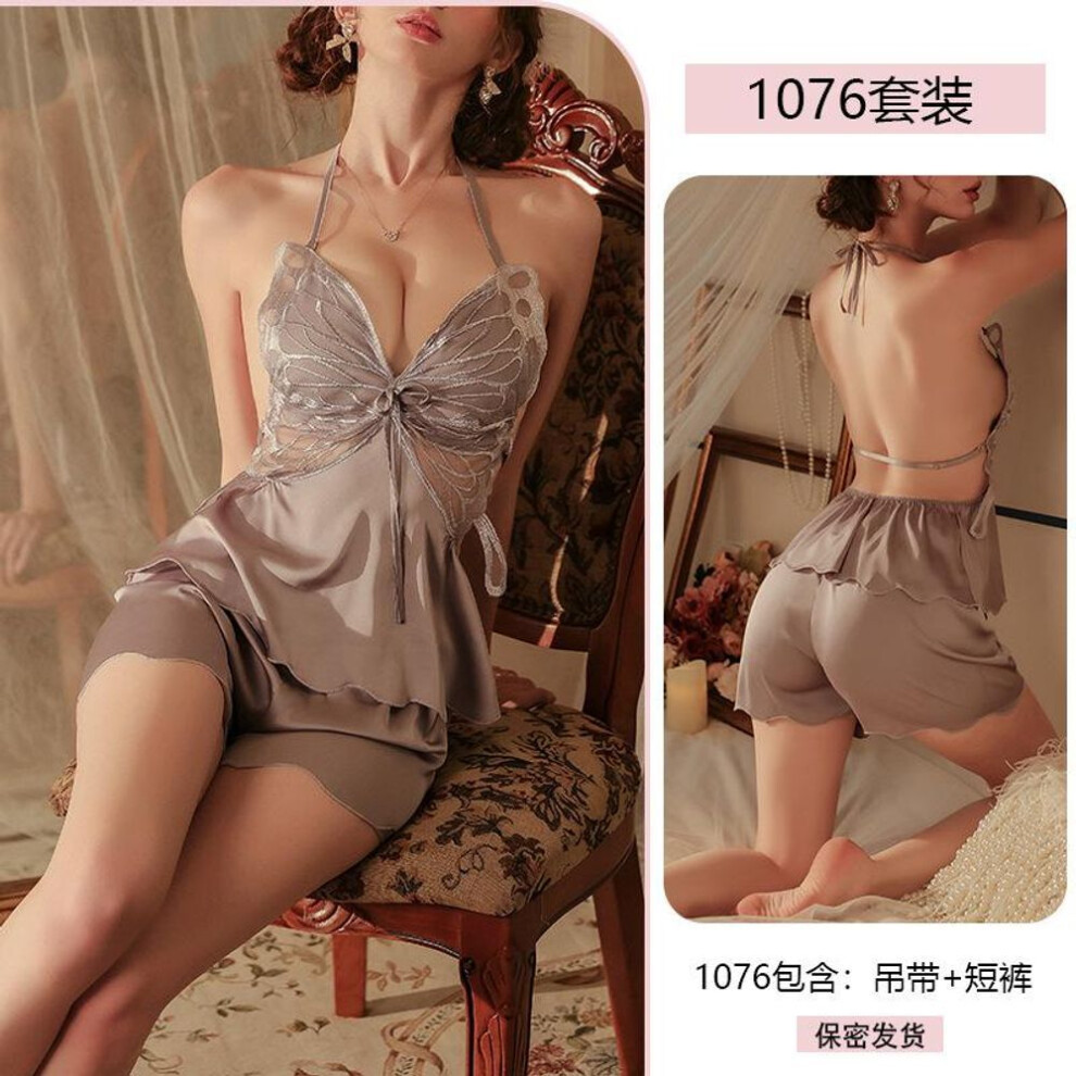 (as the picture, M) Sexy Pure Desire Butterfly Water-soluble Pure Desire Suspender Pajamas Chest Pad Erotic Women's Nightdress Set