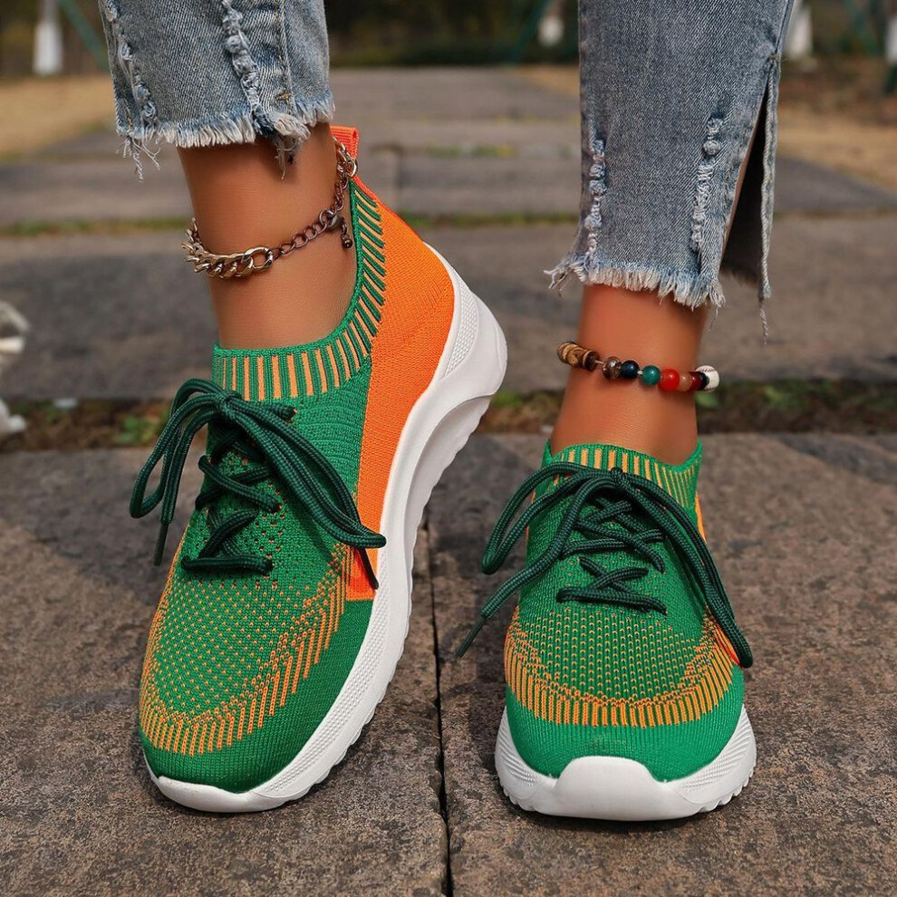 (green, 43) Women's Breathable Knit Sneakers, Casual Lace Up Outdoor Shoes, Lightweight Mesh Low Top Shoes Women Shoes