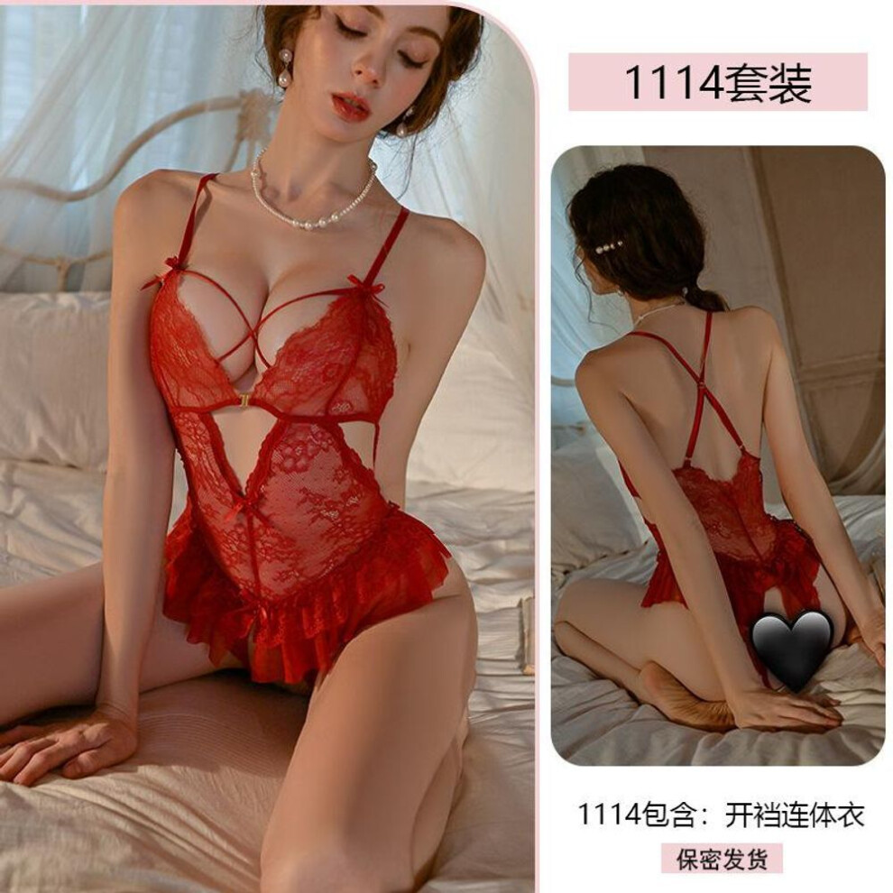(burgundy, one size fits all) Original Sexy Sexy Pure Lace Seduction Onesie Women's Perspective Open Crotch Free Pajamas