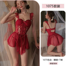 (burgundy, L) Original Sexy Sexy Pure Lace Seduction Dress Gathering Tie Lace-up Perspective Pajamas