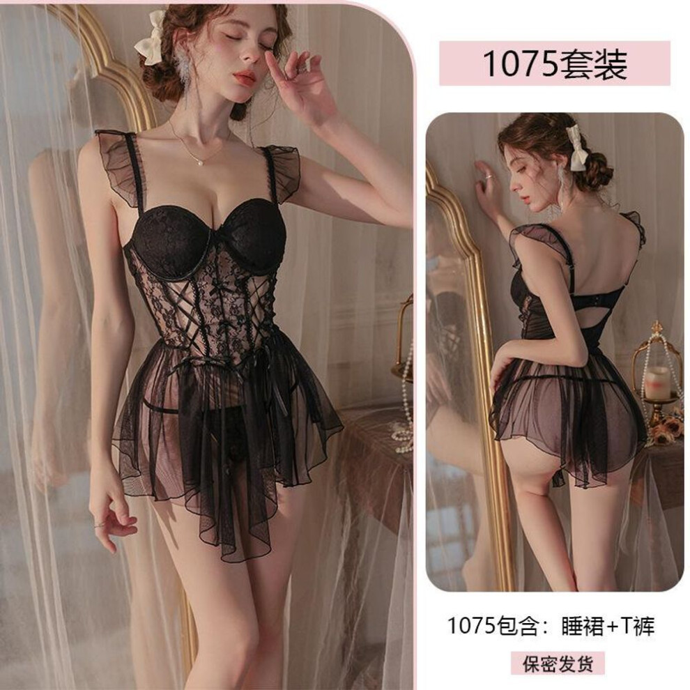 (black, L) Original Sexy Sexy Pure Lace Seduction Dress Gathering Tie Lace-up Perspective Pajamas