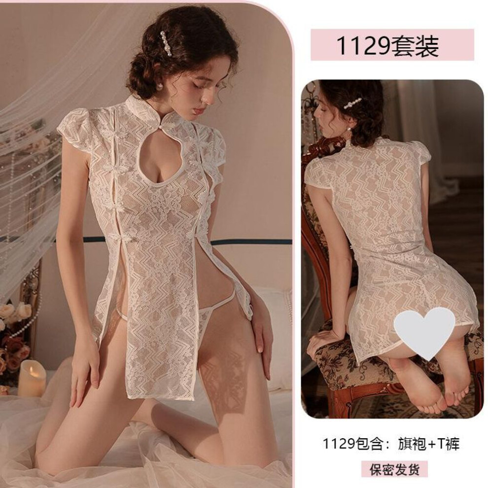 (white, one size fits all) Sexy Classical Style Lace Temptation Split Cheongsam Female Pleasure Pure Desire Uniform No-take-off Pajamas