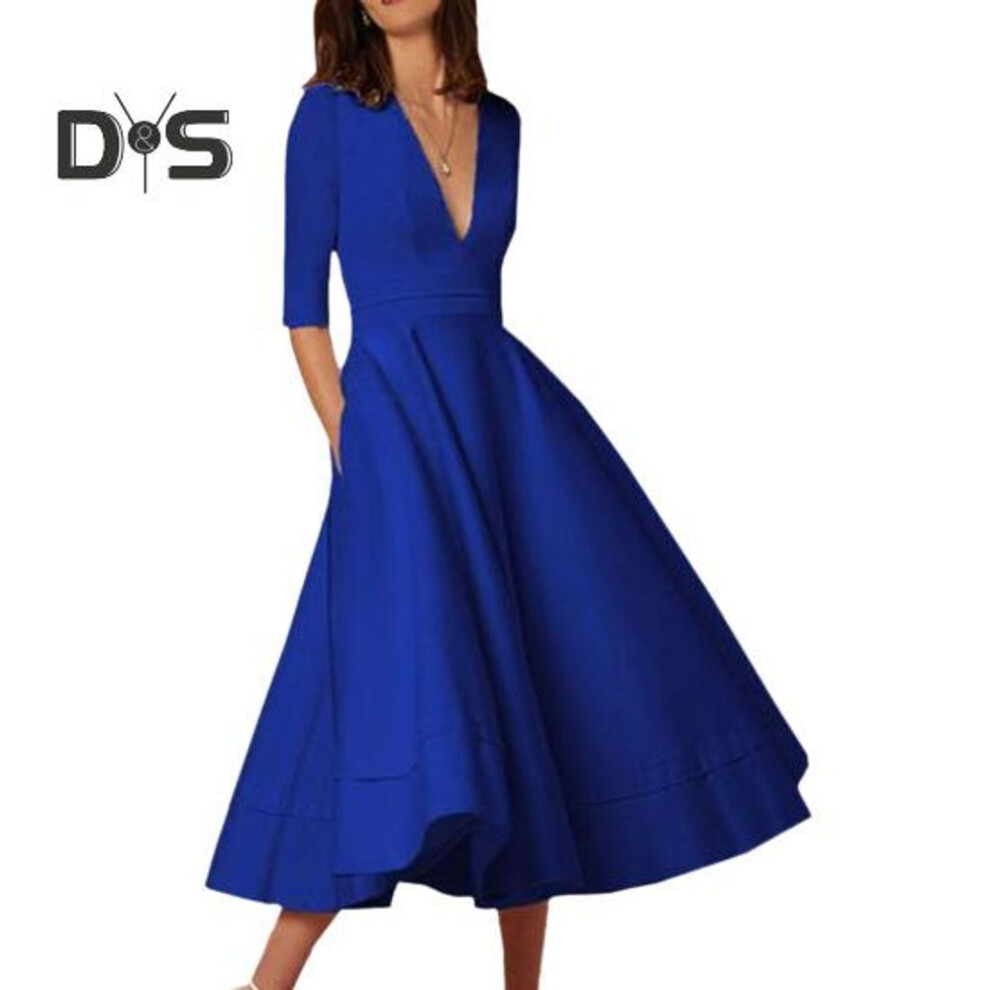 (blue, M) Women Midi Dress Deep V Neck A-line Flowy Hem Solid Color Half Sleeves Pure Color Dating Dress Prom Party Banquet Evening Dress