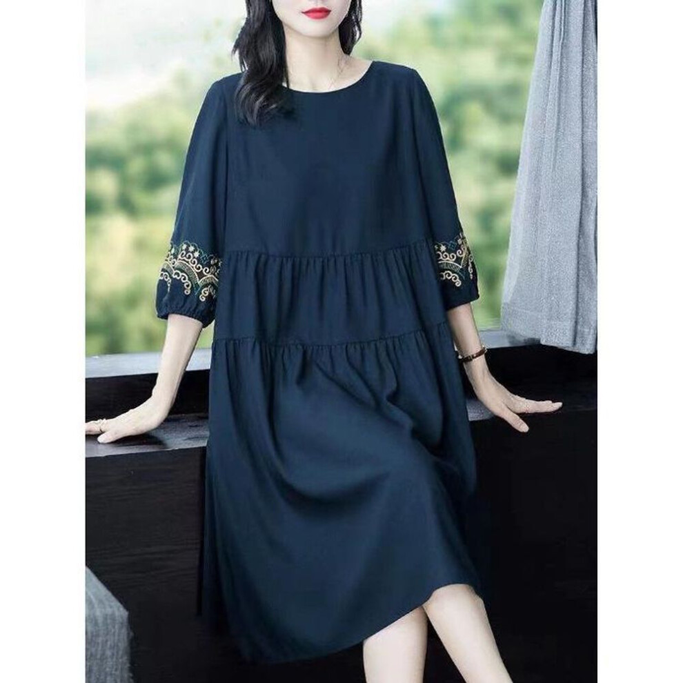 (dark blue, XL) Embroidered Ethnic-Style Summer Dress - Plus Size Retro Loose Fit
