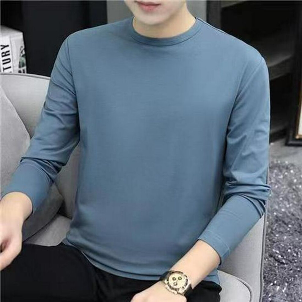 (blue, M) Korean Style Men's Long-Sleeve Solid Color Casual T-Shirt - Autumn/Winter Round Neck