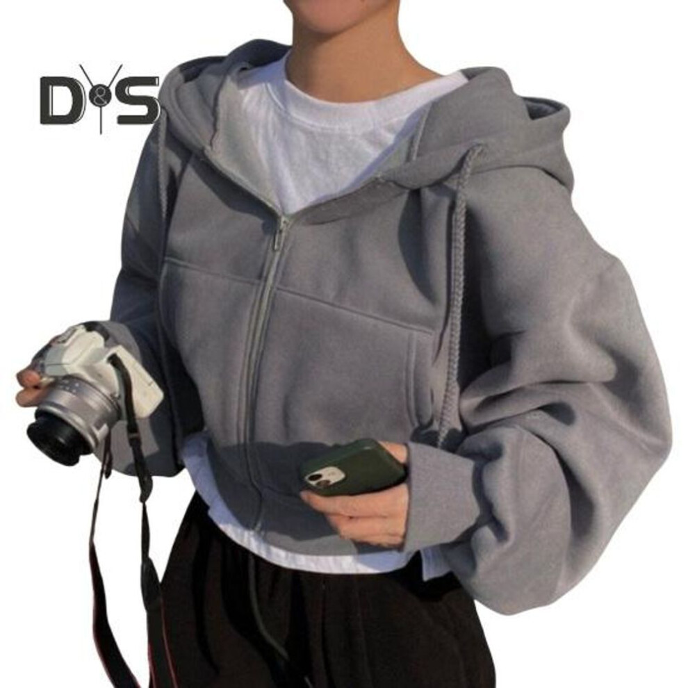 (XL, dark gray) Autumn Spring Women Coat Hooded Drawstring Long Sleeves Pockets Zip-up Elastic Cuff Hem Loose Sport Hoodie Casual Daily Wear Jacket