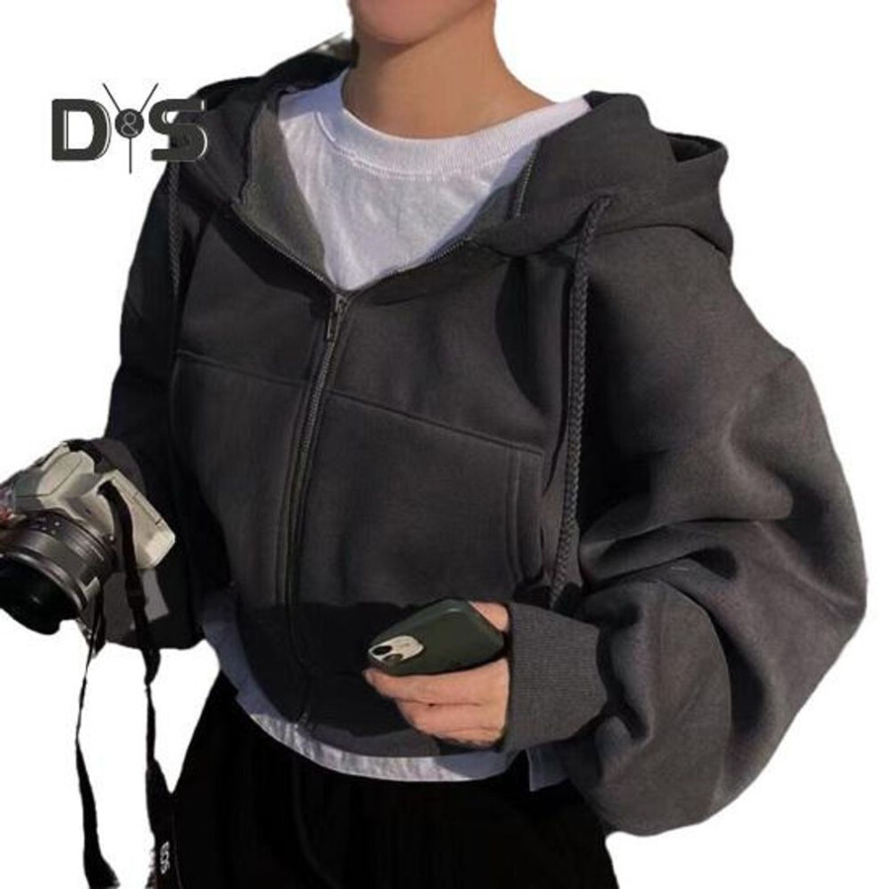(2XL, black) Autumn Spring Women Coat Hooded Drawstring Long Sleeves Pockets Zip-up Elastic Cuff Hem Loose Sport Hoodie Casual Daily Wear Jacket