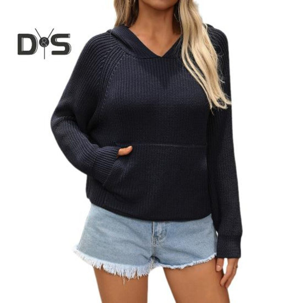 (L, navy blue) Women Knitting Sweater Hooded Raglan Long Sleeve Star Pattern Pullover Hoodie Front Pocket Loose Fit Sweater Tops
