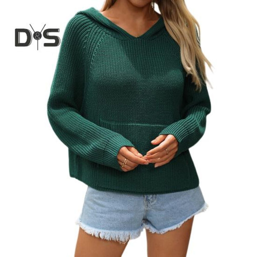 (S, green) Women Knitting Sweater Hooded Raglan Long Sleeve Star Pattern Pullover Hoodie Front Pocket Loose Fit Sweater Tops