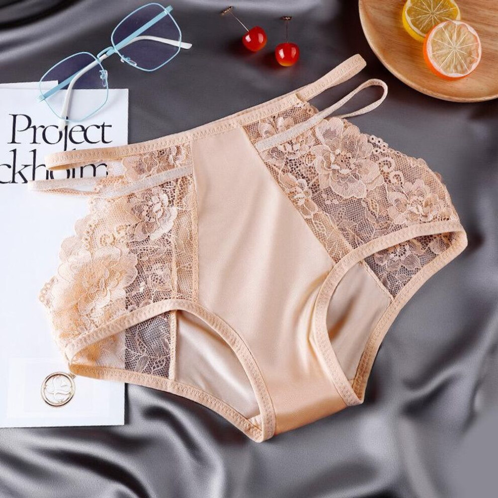 (beige, L) Women's Lace Strappy Panties High Waist Hip-lifting Underwear Sexy Hollow Briefs M-2XL Women's Lingerie