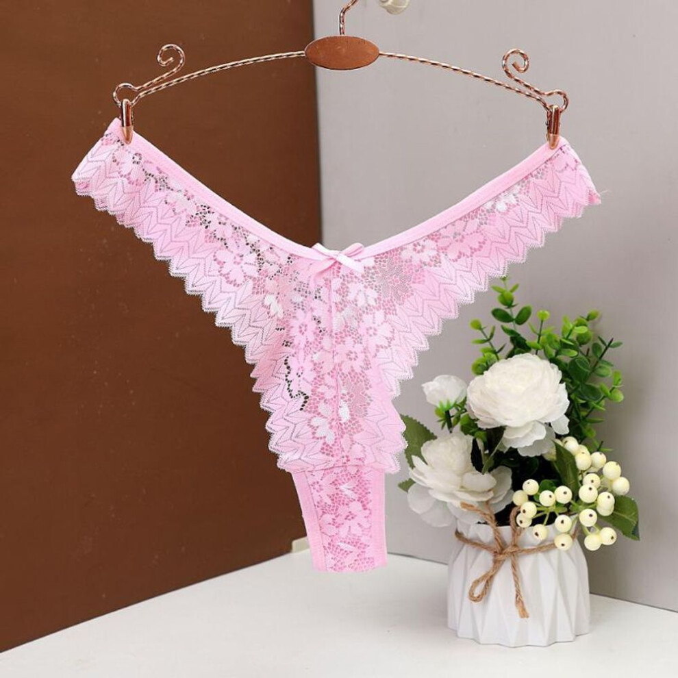 (pink, M) European Size Women's Sexy Lace Thong Transparent Hollow Pattern Briefs T Pants